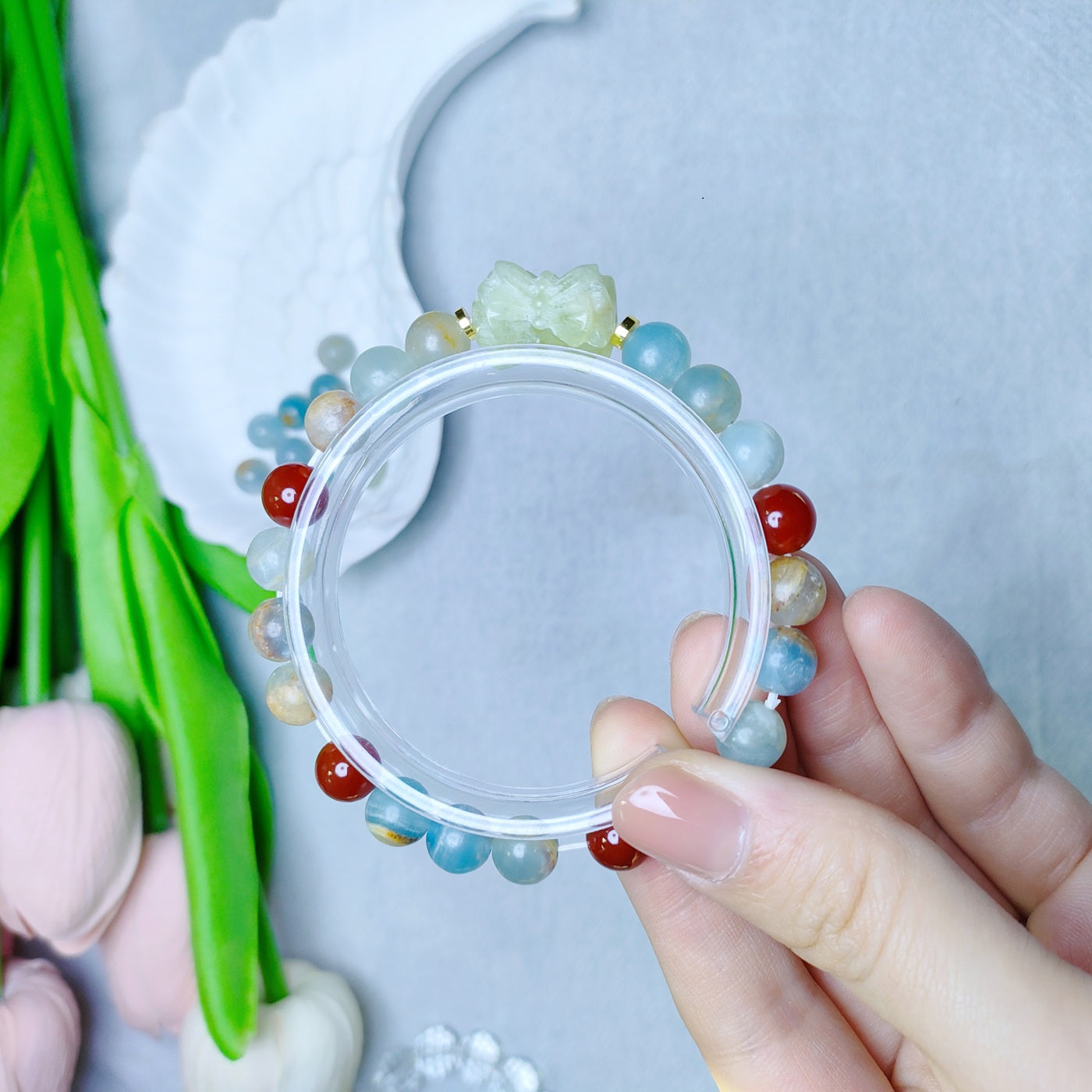 A lucky featuring blue calcite & carnelian & Xiuyan jade lotus spacer bracelet