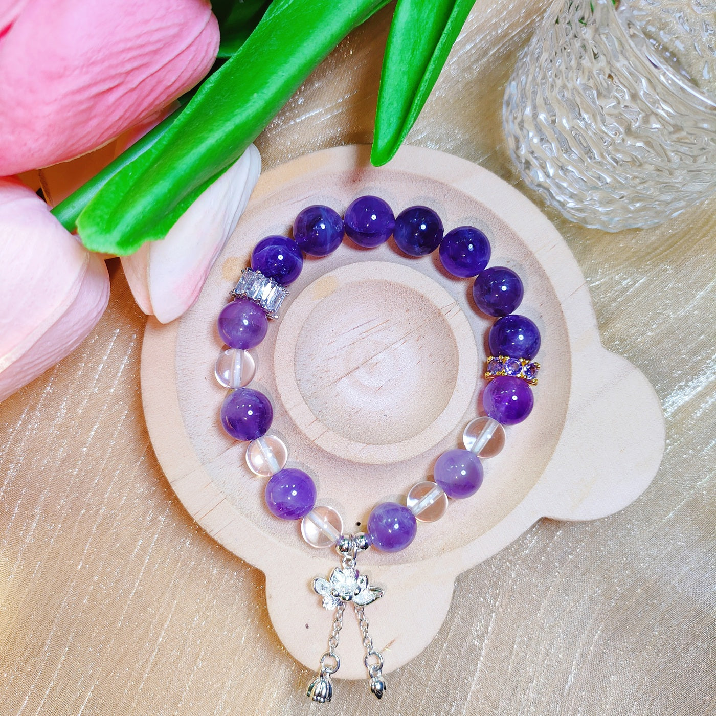 A Symbol of Good Fortune and Wisdom Amethyst & stering silver 925 lotus charm Bracelet
