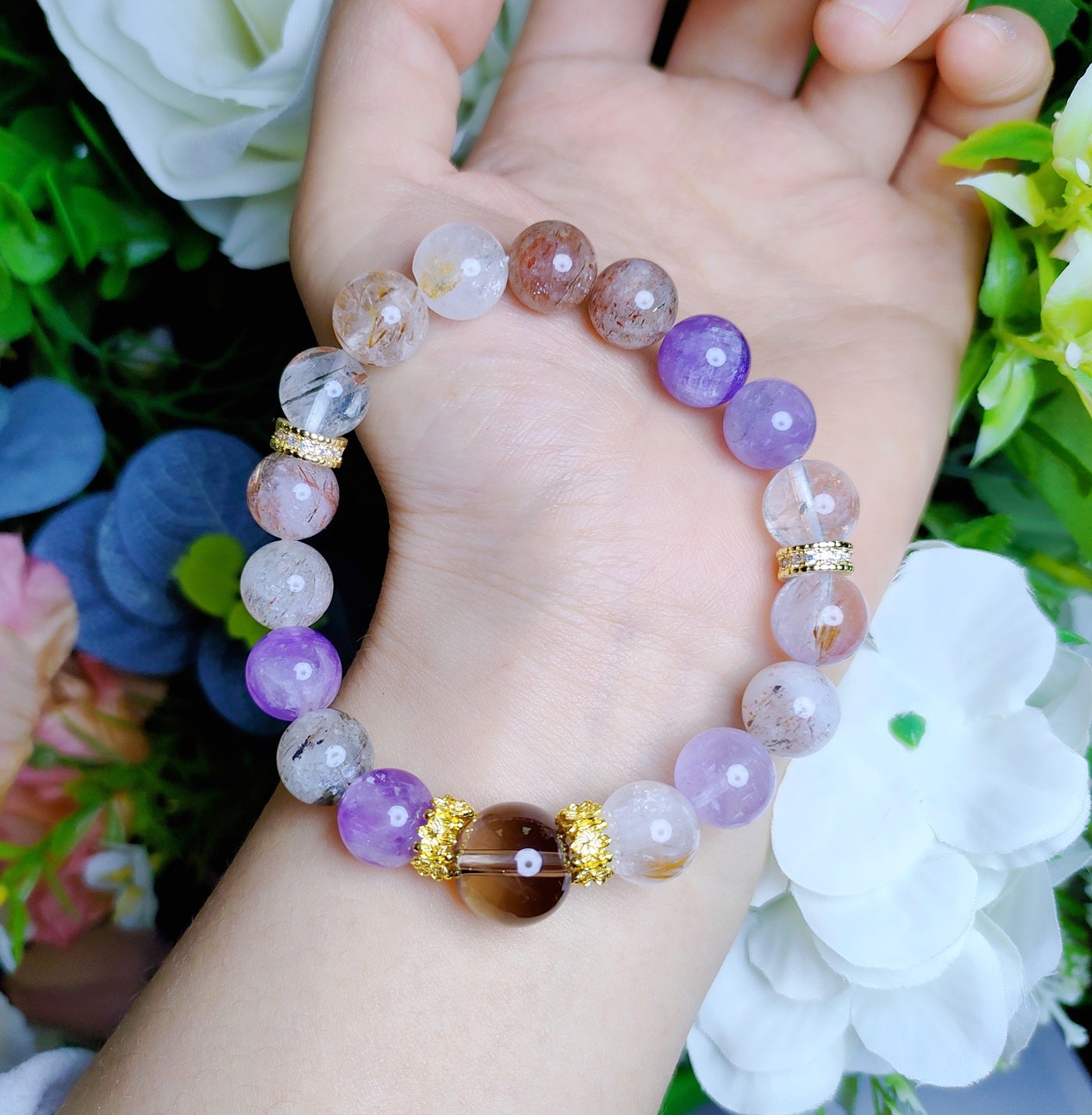 Enhancing Energy, Calming the Mind, and Promoting Sleep Super Seven and Smoky Quartz Bracelet
