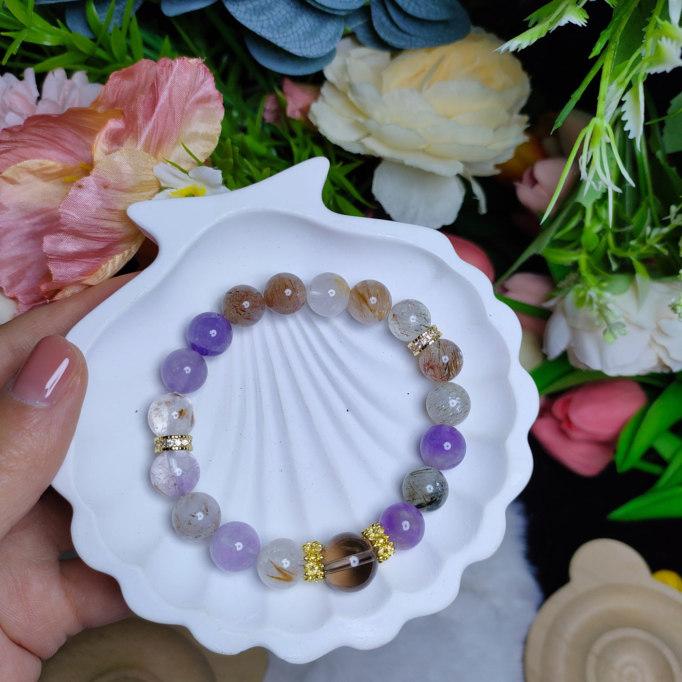 Enhancing Energy, Calming the Mind, and Promoting Sleep Super Seven and Smoky Quartz Bracelet