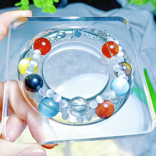 Natural Multi-gemstone Carnelian&smoky quartz&Larimar&aquarmarine&fire quartz&clear quartz&silver obsidian&golden lopidolite bracelet