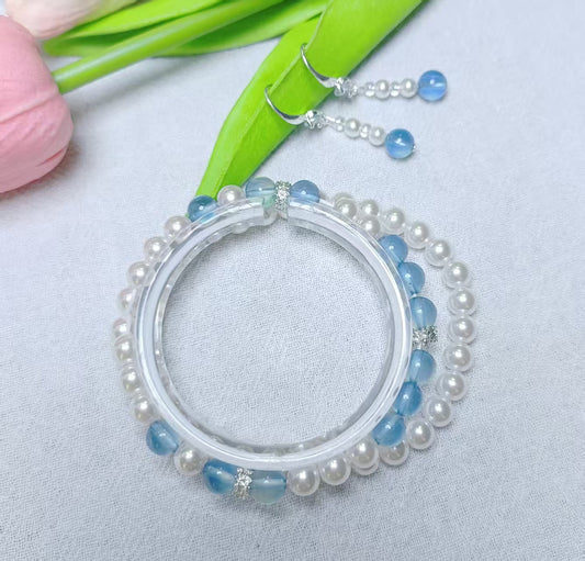 【Designed for Scorpio girls】A high-quality Devil's Orchid aquamarine & Shell pearls Double-loop bracelet and earrings 2-piece set